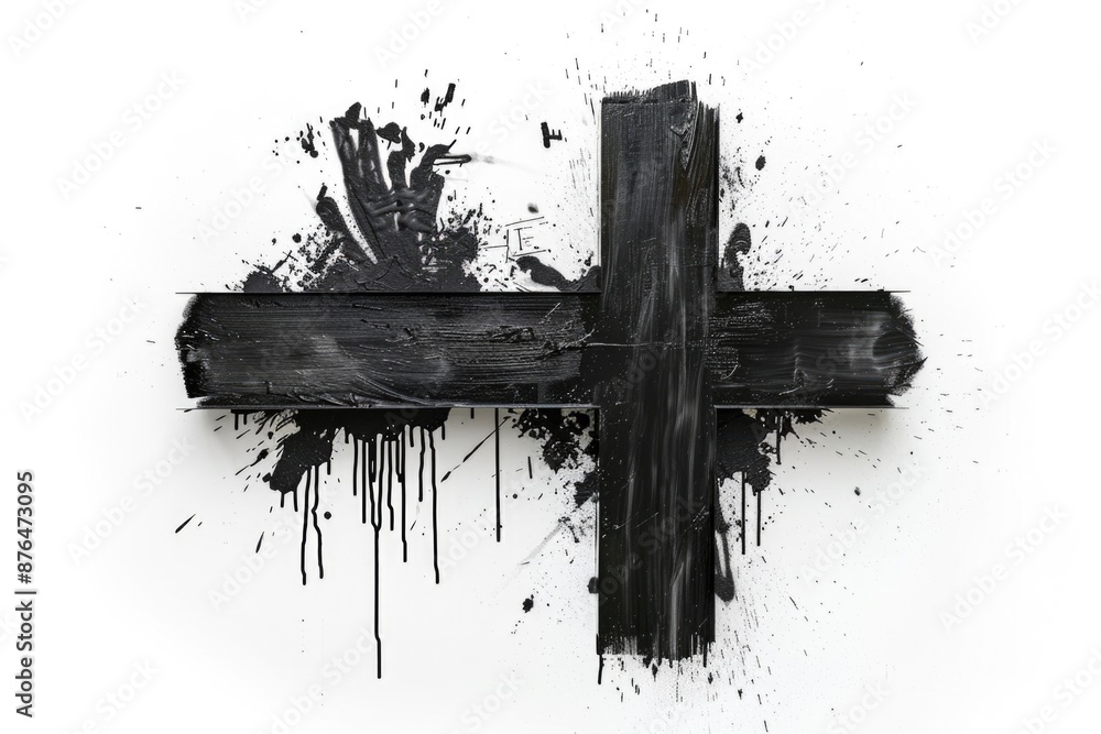 Poster A simple cross design created with black paint on a white surface, ideal for use in various contexts such as art projects, designs, or even personal symbolism