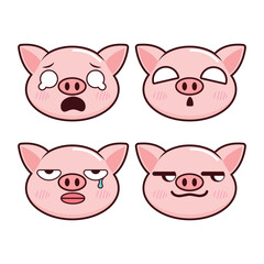 Vector set of cute Pig emoji faces with various expressions. Isolated on white background