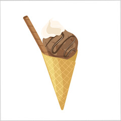 Chocolate ice cream with whipped cream sweet addition in waffle cone isolated on white background