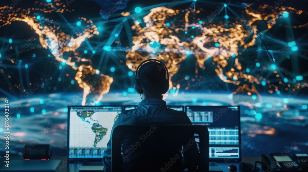 Aufkleber a man is sitting in front of a computer monitor with a globe on the screen. he is wearing headphones