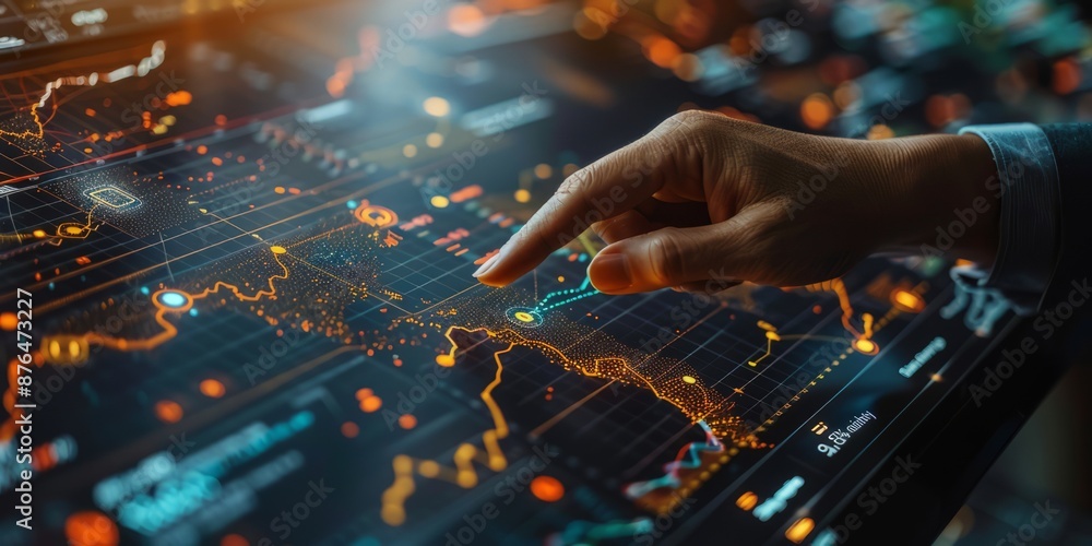 Poster hand interacting with a digital financial data interface on a large screen