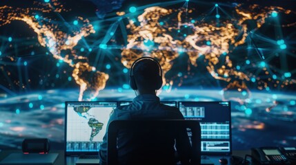 A man is sitting in front of a computer monitor with a globe on the screen. He is wearing headphones and he is focused on his work. Concept of concentration and dedication to his task