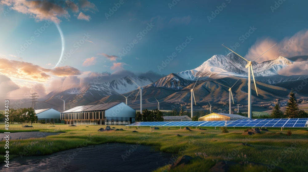 Poster a large field with a mountain range in the background and a large wind turbine in the foreground. th