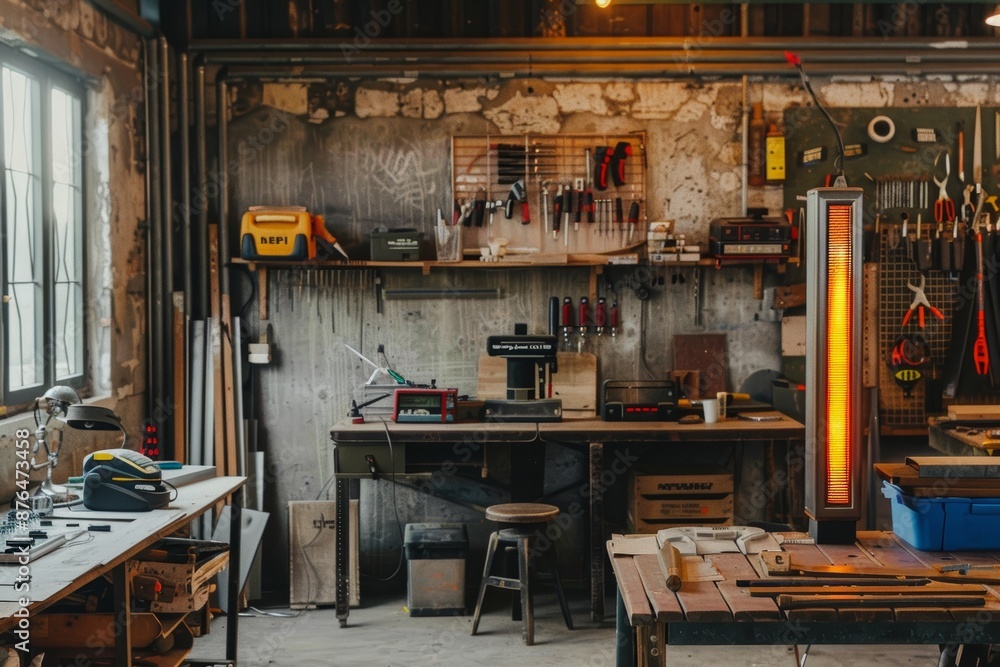 Poster cozy home workshop with designer heater and high-end tools in modern workshop