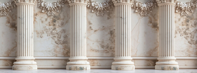 Fototapeta premium A realistic photo of Greek style marble columns with floral carvings on the wall, full shot, front view, high resolution 