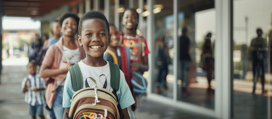 Sunny Day at School: African American Boy Smiling at Entrance