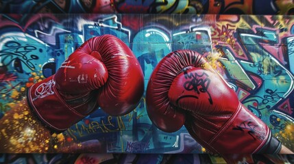 Fototapeta premium Dynamic Boxing Gloves Impact in Urban Graffiti Gym, Sports and Fitness Concept Design for Poster or Print