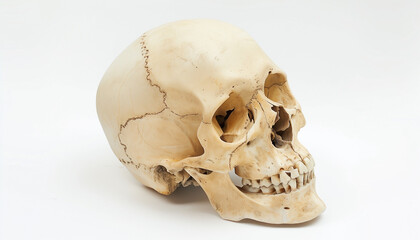 Naklejka premium Realistic human skull side view showing detailed bone structure and teeth ideal for educational and anatomical purposes