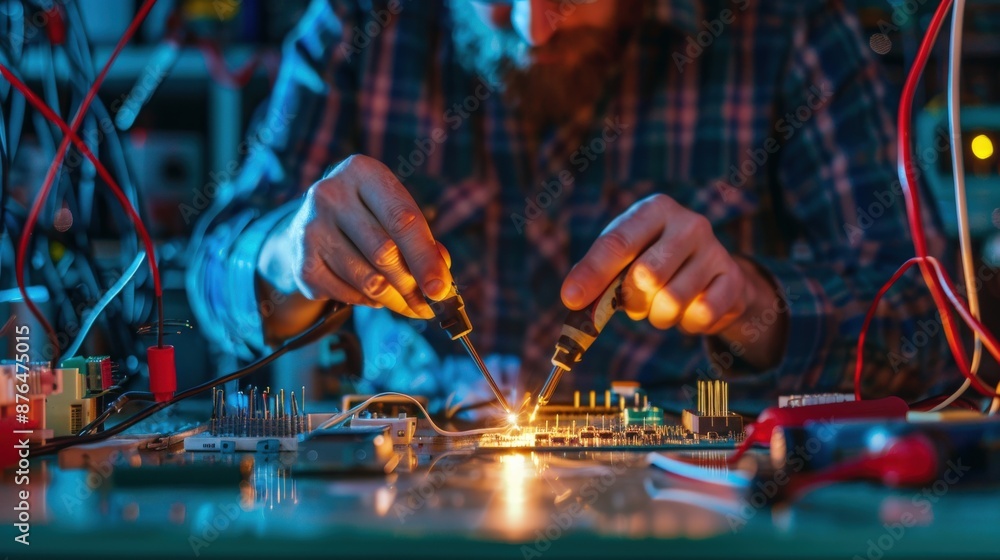 Poster a man is working on a computer board with a soldering iron. the board is lit up with lights, and the