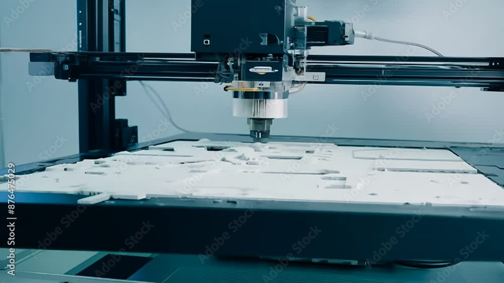 Poster close up of a cnc machine cutting a design into a white surface