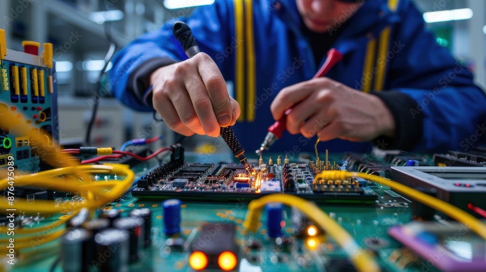 Poster a man is working on a computer board with a soldering iron. the board is lit up with lights, and the