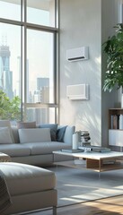 Fototapeta premium Modern Urban Living Room with Panoramic City Views and Minimalist Design for Interior Inspiration