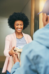 Package, food delivery and woman with courier, bag and front door with smile and happy from order....
