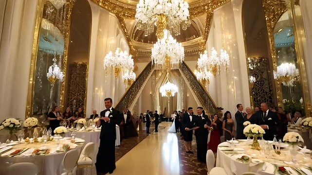 Wedding Reception Grand Entrance in Ornate Hall With Crystal Chandeliers