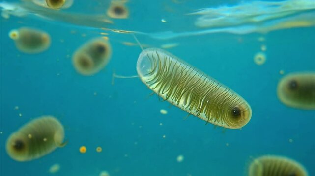 Single celled Paramecium's hunting in teal colored water