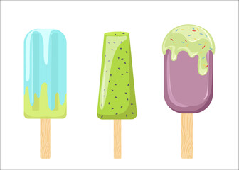 Ice cream popsicle sweet desserts with glaze and topping on wooden stick set isolated on white