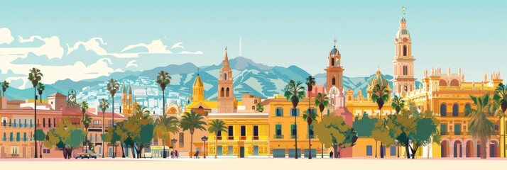 Obraz premium Panorama of Malaga, travel in Spain. Holidays in Andalusia. Horizontal banner, free space for text, flat illustration. Postcard from Malaga. Costa del Sol, Andalusia, Spain. Tourism concept