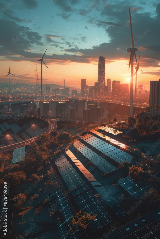 Poster a serene cityscape at sunset with wind turbines in the background, suitable for use as a calm atmosp