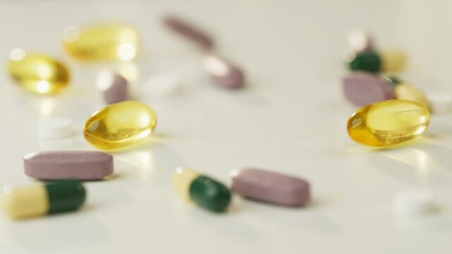 Slow motion video of pills and capsules falling on a white table. The concept of a pharmacy buying medicine and treatment. High quality 4k footage