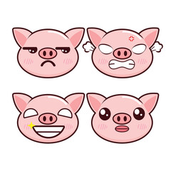 Vector set of cute Pig emoji faces with various expressions. Isolated on white background