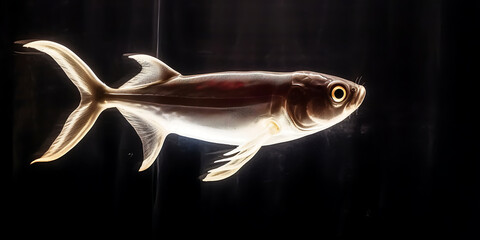 A glowing iridescent fish with a dark background brings a sense of wonder and excitement.