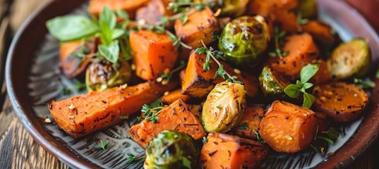 Delicious Roasted Vegetables with Sweet Potatoes, Brussels Sprouts, and Carrots Garnished with Fresh Herbs