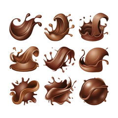 set of chocolate, Splashing splash of chocolate on a white background, Liquid chocolate crown splash, 