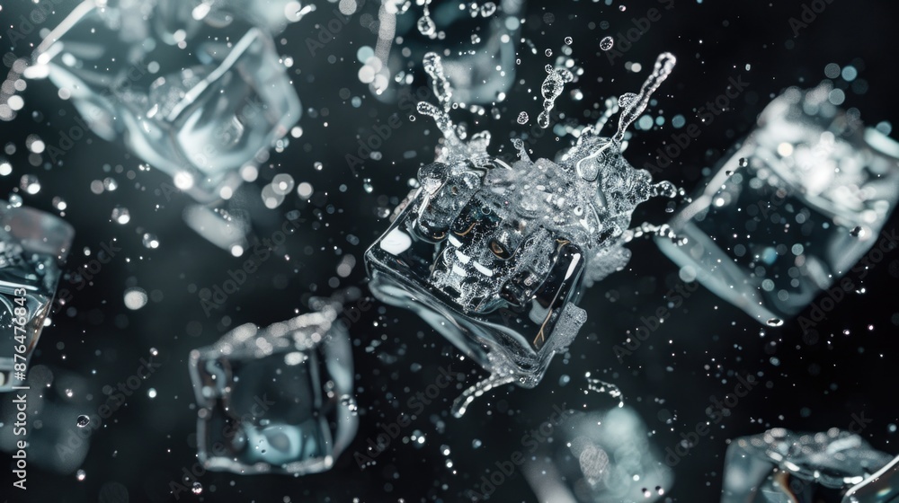 Poster A cluster of ice cubes breaking apart and sinking into the water, creating ripples and waves