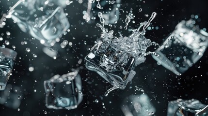A cluster of ice cubes breaking apart and sinking into the water, creating ripples and waves