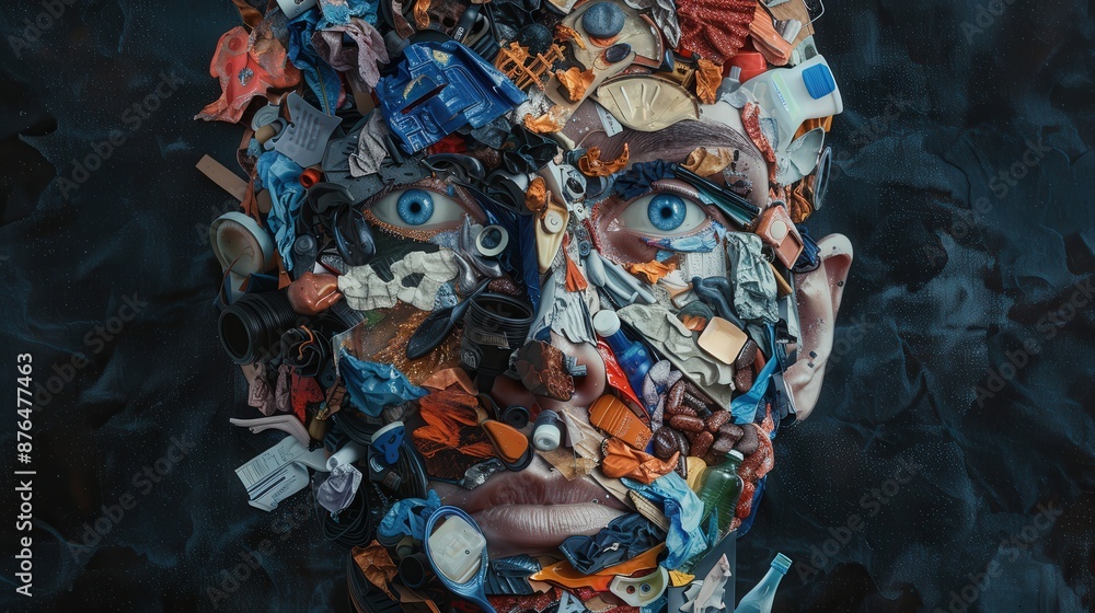 Aufkleber a man's face is covered in trash and debris. the image is a commentary on the amount of waste that i