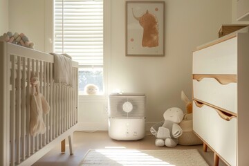 Child-Safe Portable Heater in Modern Nursery with Playful Decor, Ensuring Warmth and Safety