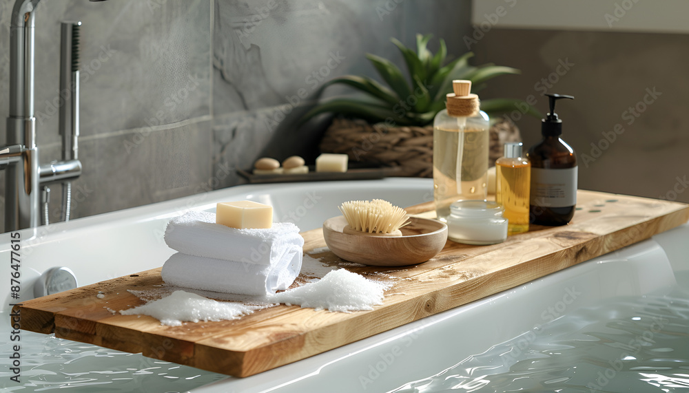 Poster Wooden board with spa products on bath tub in bathroom