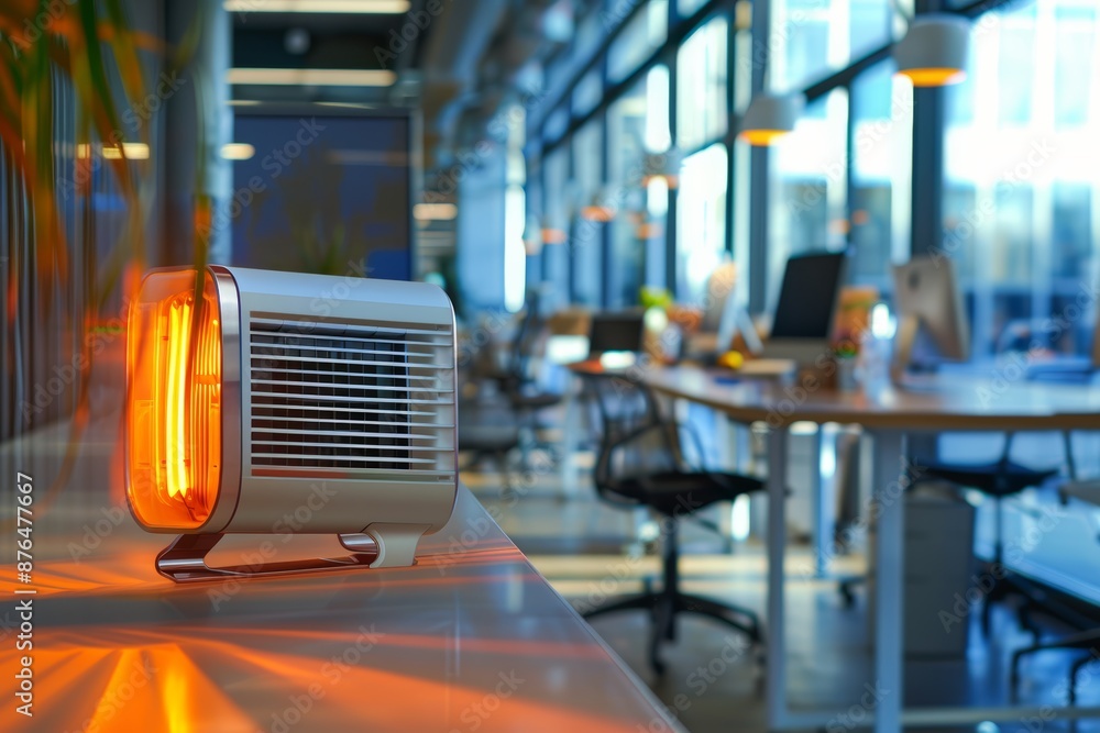 Poster energy-efficient heater in modern high-tech office with advanced technology and large windows