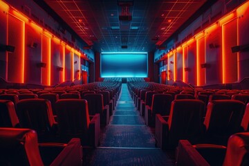 Naklejka premium A close-up view of a theater's interior featuring rows of red seats and neon lights