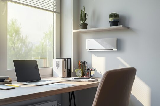 Modern Home Office with Smart Heater and Desk Setup for Efficient Remote Work Environment