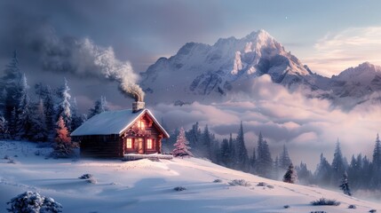 A cozy cabin in the mountains with a fireplace and a tree in front of it. The mountains are covered in snow and the sky is cloudy