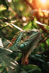 Obraz premium World Lizard Day. Green lizard on a green background. Vertical banner, free space for text. Concept of wildlife protection, animal protection. Studying nature's biodiversity