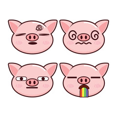 Vector set of cute Pig emoji faces with various expressions. Isolated on white background