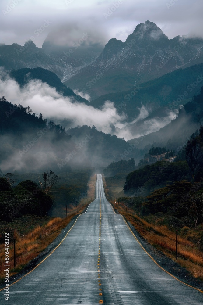 Poster a long stretch of empty road leading into the distance, surrounded by mountain ranges