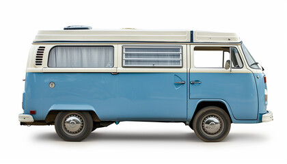 Side view of a blue and white vintage camper van, set against a plain white background, symbolizing travel and adventure