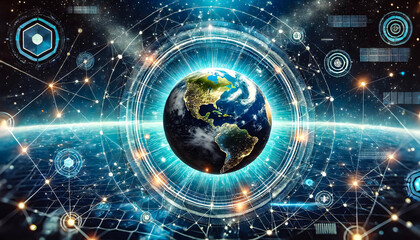 Fototapeta premium A futuristic Earth with holographic network connections, showcasing global digital connectivity and advanced technology.