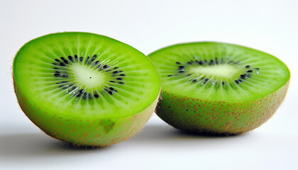 Fototapeta premium Two halves of a fresh green kiwi fruit with visible seeds, placed on a white background, showcasing its vibrant color and texture