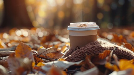 Disposable coffee cup. Cozy environment. Autumn background