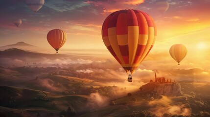 Obraz premium A hot air balloon is flying over a beautiful landscape with a castle in the distance. The sky is filled with other hot air balloons, creating a sense of adventure and excitement