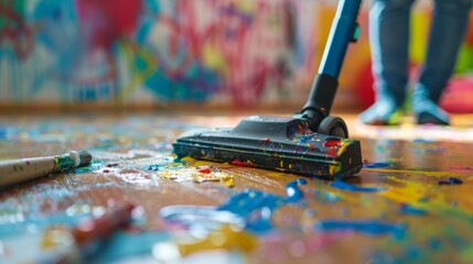 Fototapeta premium Colorful Art Project Cleanup with Vacuum Cleaner in Bright, Creative Playroom