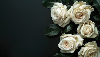 Five White Roses On Black Background