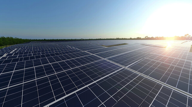 ): A contemporary solar farm against a clear blue sky, its panels perfectly arrayed to capture sunlight