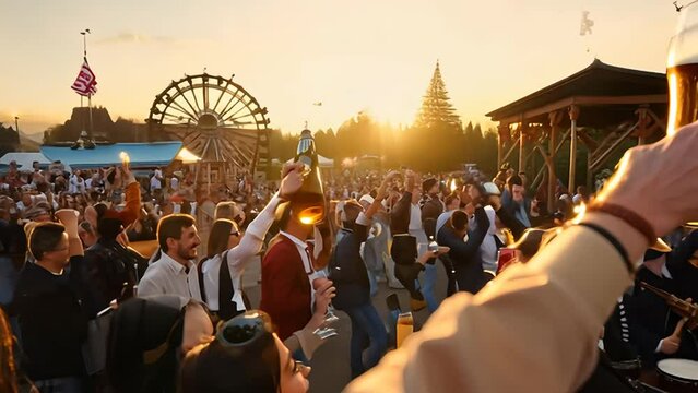 Large Crowd Gathering at Evening Carnival With Ferris Wheel