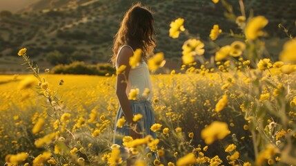 Fototapeta premium A woman stands amidst a bright yellow flower field with warm sunlight and gentle breeze