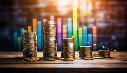 This image captures a scene of financial abundance The main focus is on three stacks of gold coins, each varying in size